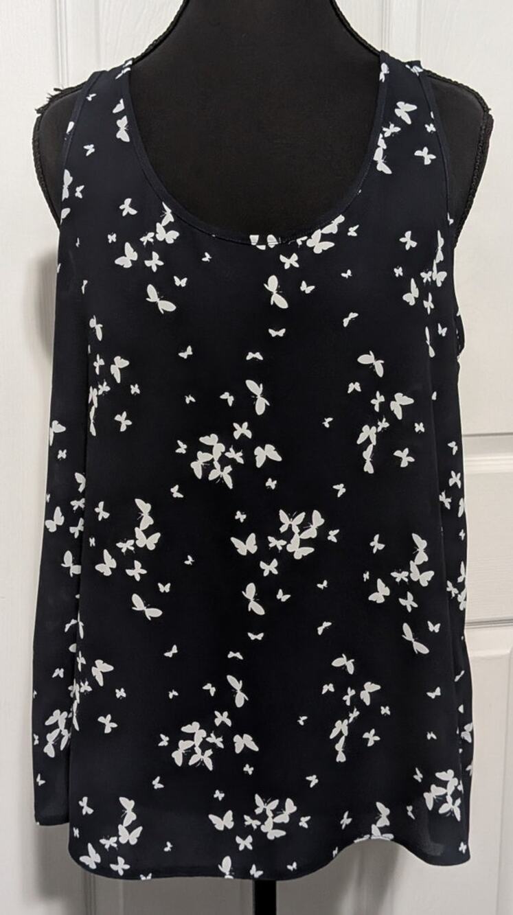 Atmosphere Navy Blue White Butterfly Print Sleeveless Shell Tank Top Blouse US 8